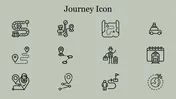 Set of journey themed icons including location pins, maps, and travel related symbols.