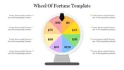 The wheel of fortune template showcases a colourful, circular design with different value sections and caption area.