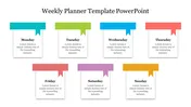 Weekly planner slide with days Monday to Sunday, each day displayed in a colored banner and text blocks.