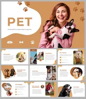 Pet-themed slide deck with a main title of a woman holding a dog and preview slides covering pet-related topics.