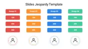 Jeopardy slide with four groups of color-coded sections and points ranging from 100 to 300, each with circles at the bottom.