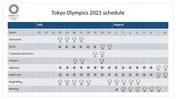 A detailed Tokyo Olympics 2021 schedule showing event dates for various sports with medal icons indicating finals.