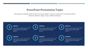 Presentation topics slide designed in a dark blue color, with arrow icons leading to six caption text boxes.