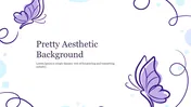 Minimalist design with two purple butterflies in opposite corners, swirling lines, and text centered on a white background.