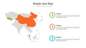 Simple Asia map slide highlighting countries in orange, green, and blue with captioned text blocks on the right.