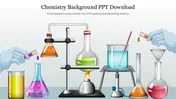 Illustration of a chemistry experiment with flasks, beakers, and test tubes containing different colored substances.