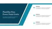 Spanish slide with numbered subtitles, description area and a title text on a teal and white geometric background.