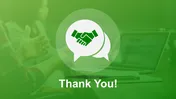 Handshake icon inside speech bubbles on a green background of blurred figures seated near a laptop.