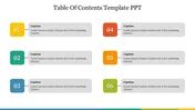 A table of contents template with six colorful entries numbered from 01 to 06, each connected with a caption area text boxes.