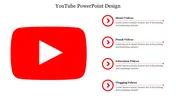 YouTube themed slide featuring a large red play button icon and four sections with placeholder text.