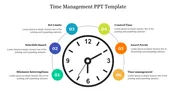 Visual time management slide showcasing a clock in the middle, with six colorful numbered strategies and text area.