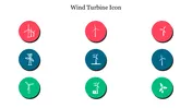 Wind turbine icons in circular shapes with different colors, showcasing various designs of wind energy symbols.