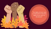 Illustration of three raised fists in different skin tones surrounded by autumn leaves, with a quote about human rights.