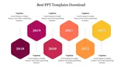 Colorful timeline infographic featuring hexagonal shapes labeled 2018 to 2023, and space for captions describing key points.