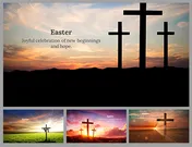 Easter slide deck featuring crosses on landscapes during sunset with three crosses and a placeholder text area.