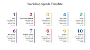 Slide displaying a ten-item workshop agenda topics like Intro, Value Stream Mapping, each with colorful numbered text area.