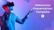 Metaverse template featuring various slides on concepts like NFTs, blockchain, and virtual reality interactions.