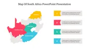 Map of South Africa with regions in yellow, red, green, and blue, and four numbered text blocks on the right.