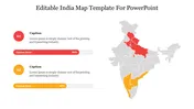 Grey India map highlighting certain states in red and orange with two circular icons with progress bars on the left.