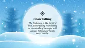 A winter scene of falling snow, snowy hills, and a white circle in the center with text, set against a blue background.