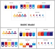 A collection of slides illustrating the RASIC model with colorful banners representing roles in different layout designs.