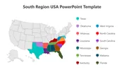 Southern USA states highlighted in various colors with a legend listing states like Louisiana, Georgia, and Oklahoma.