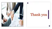 Thank you slide with handshake imagery and bold text, suitable for concluding professional or business presentations.