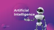 A pack of artificial intelligence slides with robot illustrations and sections on machine learning on a purple backdrop.