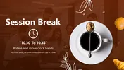 Slide for session break with a coffee theme, showing a cup of black coffee and session timing from 10:30 to 10:45 with text.