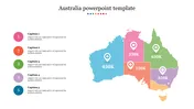 Australia map with five colored states and markers with population data and corresponding numbered captions on the left.