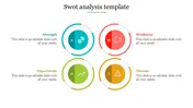 SWOT analysis slide with four colored circles in blue, green, yellow, and red, each with icons and captions.