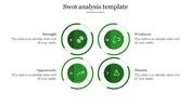 SWOT analysis template with green circular icons and caption areas representing Strength, Weakness, Opportunity, and Threats.