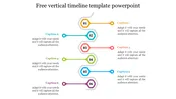 Vertical timeline template with six colorful steps with numbered icons, each containing a caption placeholder text.