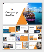 Company profile deck with modern shapes, vivid colors, shipping visuals, and sections for mission and services overview.