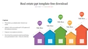 A row of five colorful house shapes in purple, blue, green, yellow, and orange, each with a percentage bubble on top.