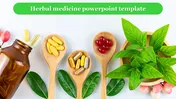 Herbal medicine template with capsules in wooden spoons alongside fresh green leaves on a clean background.