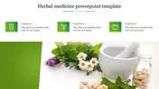 Herbal medicine slide showing image of mortar, pills, and herbs with flowers, in green and white layout and three captions.