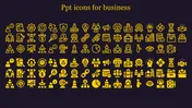 Collection of yellow icons representing various business concepts, arranged in rows against a dark background.