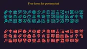 Slide featuring rows of blue and red free icons for PowerPoint presentations displayed on a dark background with title text.