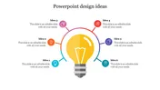 Slide with six design ideas branching from a central lightbulb, each represented by a different colored icon with captions.