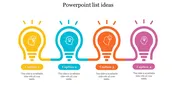 Slide displaying a creative list of ideas, featuring four lightbulbs with captions in yellow, blue, orange, and purple.