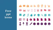 Collection of free PowerPoint icons in different colors displayed in rows on a white and blue background.