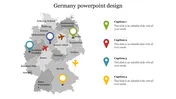 Map of Germany with four colored location markers, linked by a dotted line flight path, with matching captions on the right.