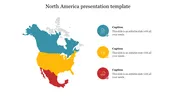 Colored map of North America with teal, yellow, and red regions, with three matching caption circles on the right.