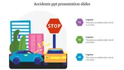 Illustration of two cars in a collision in an urban setting with a visible stop sign and trees with three numbered captions.