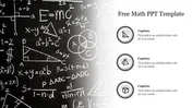 A slide with math equations and geometric shapes on a chalkboard background and three icons each in circle with caption area.