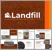 Pack of slides with images of landfills, covering topics of waste segregation, impacts, and sustainability in orange accents.