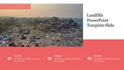 Slide with a landfill image, red bottom section with three captions, and text on the right side.