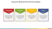 Slide showcasing a research methods template with four segments each with an icon and colorful text boxes.