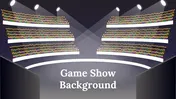 A pack of game show background slides with a brightly lit stage and a large audience in a modern arena setting.